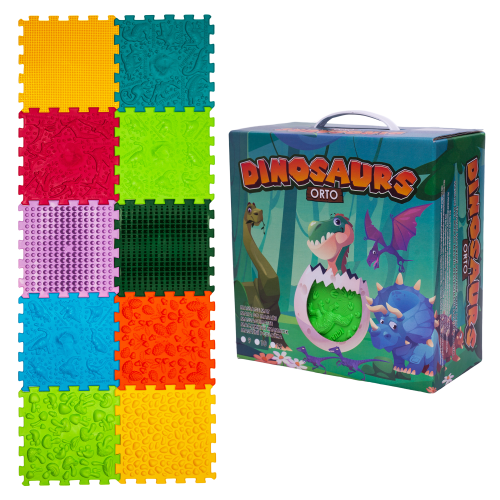 Ortek Dinoszauruszok Puzzle 10 elemből álló masszázs szőnyeg + 6 Háromszögű puzzle elem