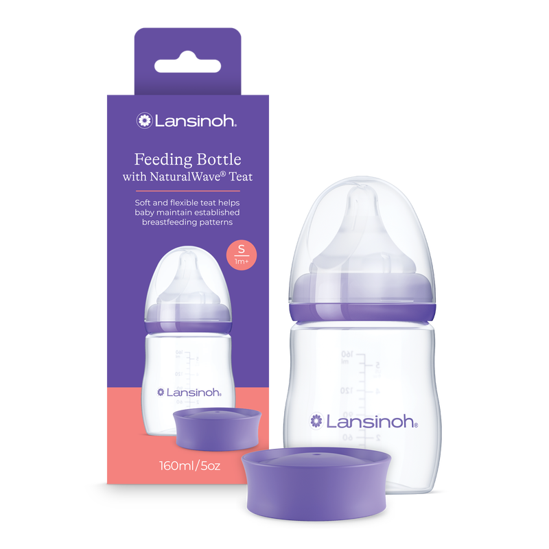 Lansinoh Cumisüveg lassú folyású etetőcumival + fedéllel, 160 ml