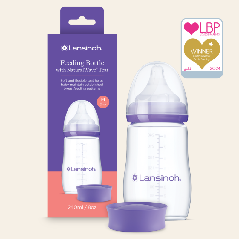 Lansinoh Cumisüveg közepes folyású etetőcumival + fedéllel, 240 ml