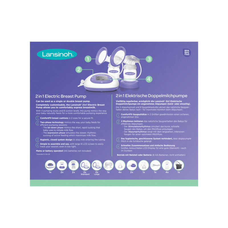 Lansinoh 2 az 1-ben elektromos dupla mellszívó + 2 db 160 ml cumisüveg szettben