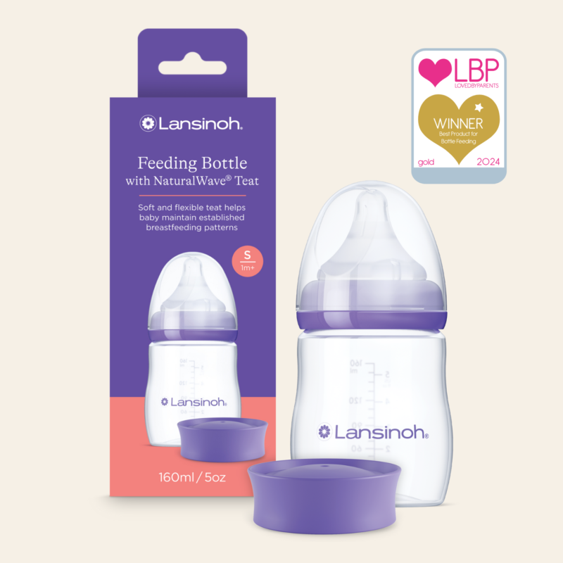 Lansinoh Cumisüveg lassú folyású etetőcumival + fedéllel, 160 ml