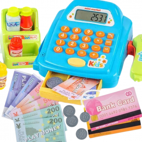 WOOPIE játék pénztárgép bolti polccal, számológéppel és hangot adó vonalkódolvasóval