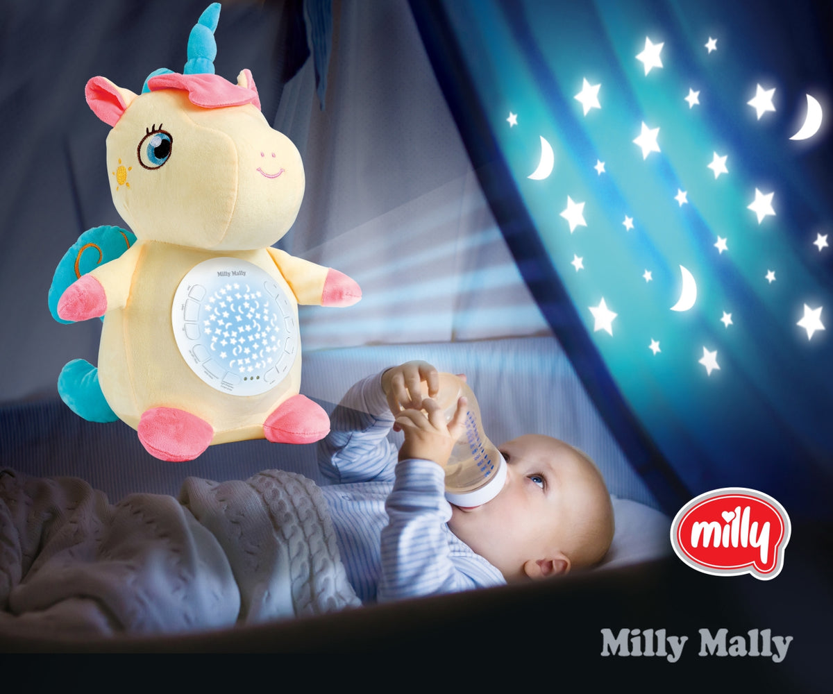 Milly Mally plüss unikornis csillagfény-projektorral és altatódallamokkal