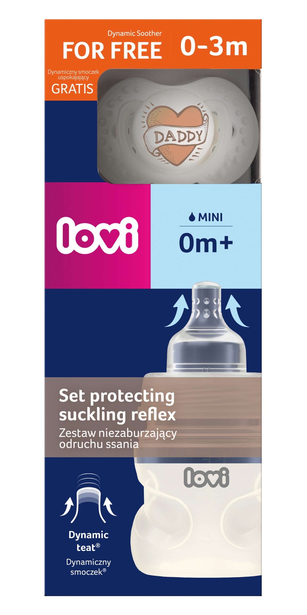 LOVI szopóreflexet támogató cumisüveg- és cumiszett 150 ml-es cumisüveggel és nyugtatócumival Love Daddy