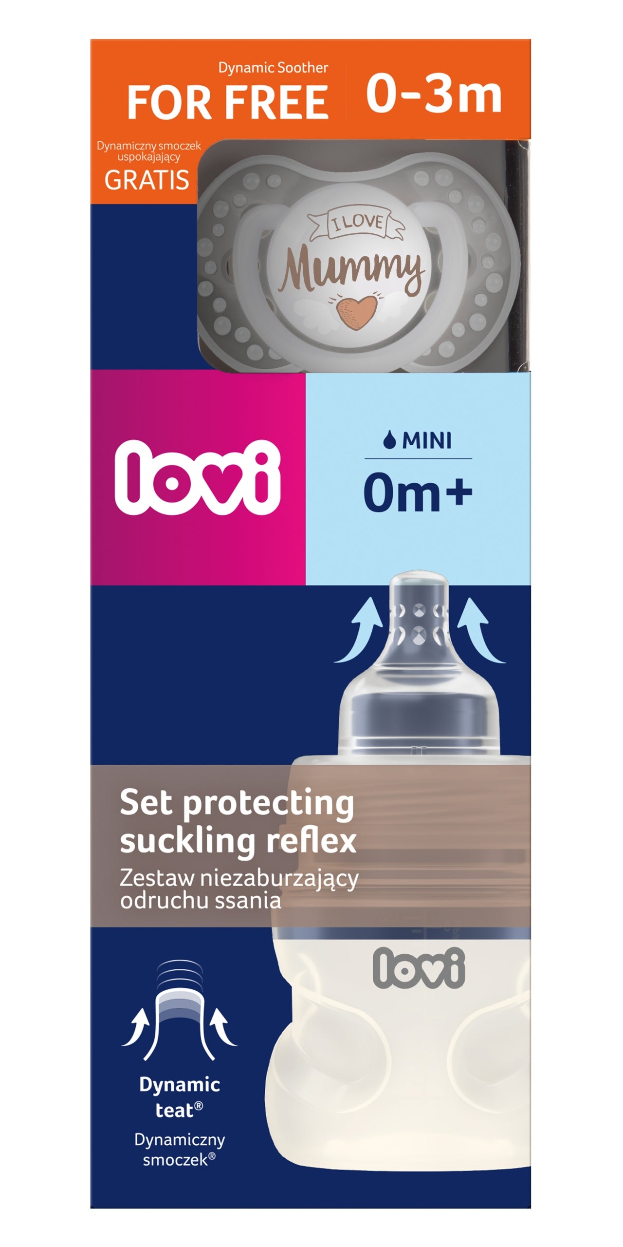 LOVI szopóreflexet támogató cumisüveg- és cumiszett 150 ml-es cumisüveggel és nyugtatócumival Love Mummy