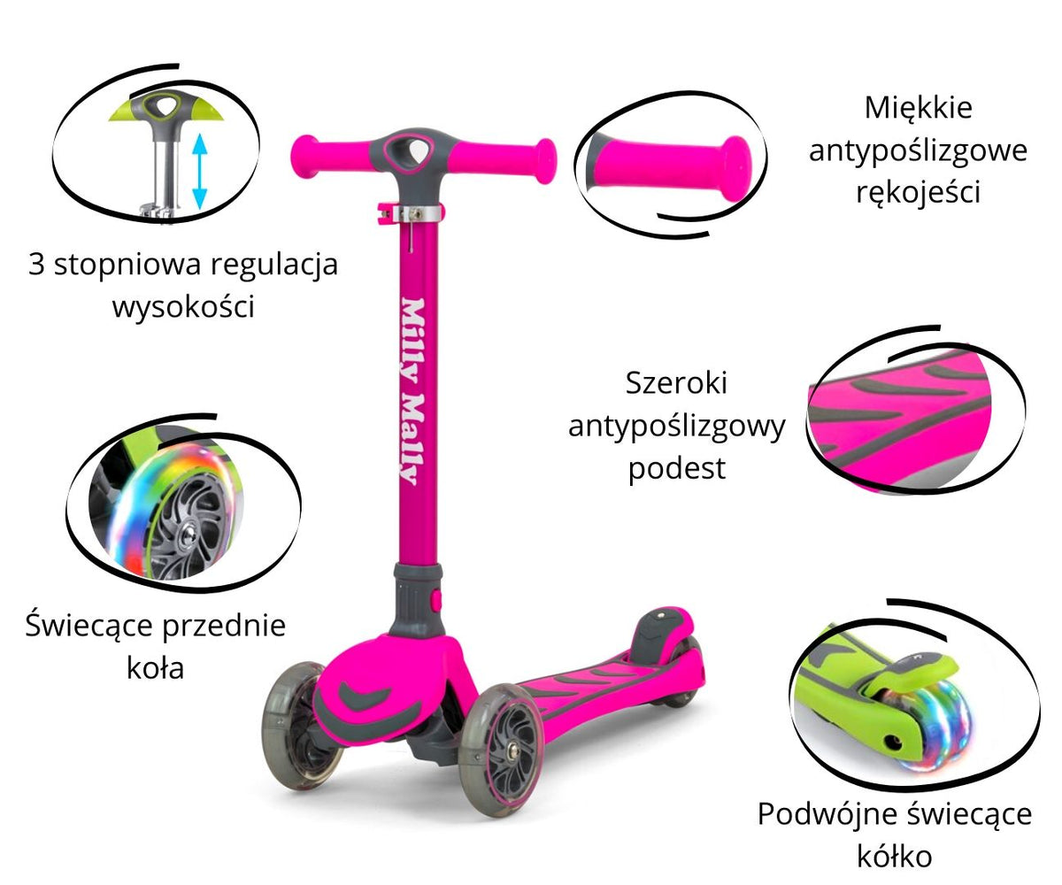 MILLY MALLY Boogie Scooter háromkerekű roller világító kerekekkel – Rózsaszín