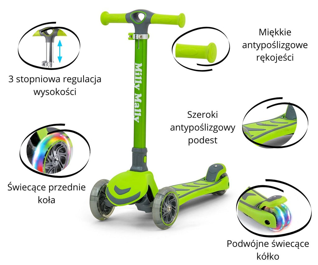 MILLY MALLY Boogie Scooter háromkerekű roller világító kerekekkel – Zöld