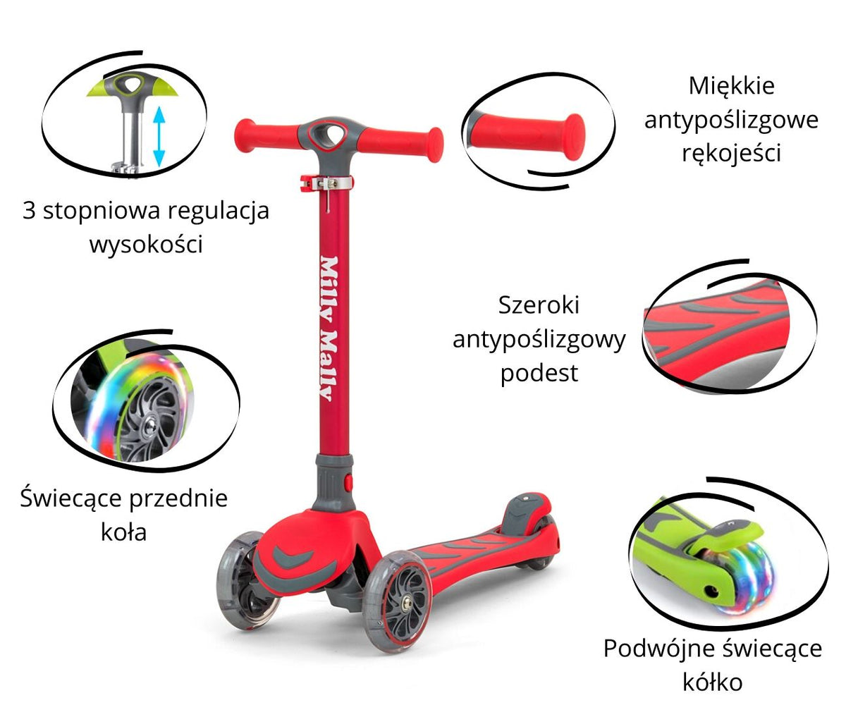 MILLY MALLY Boogie Scooter háromkerekű roller világító kerekekkel – Piros