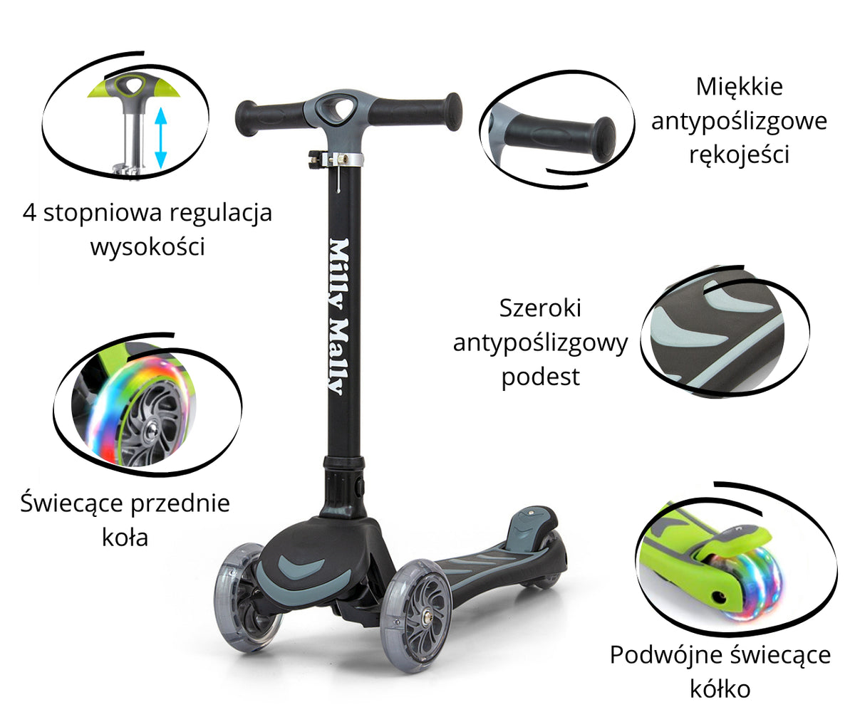 MILLY MALLY Boogie Scooter háromkerekű roller LED-es kerekekkel – Fekete