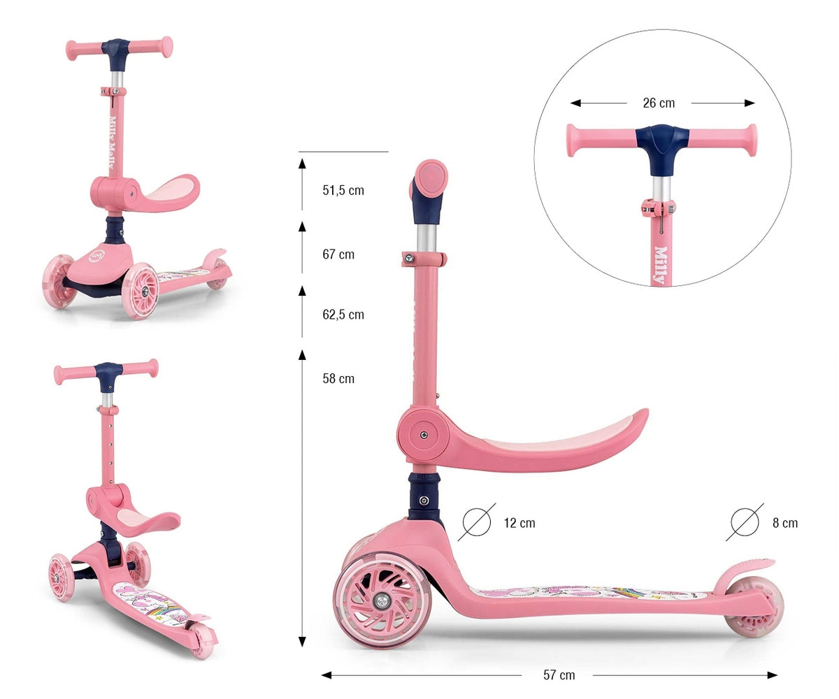MILLY MALLY FUZZY háromkerekű roller üléssel és LED-es kerekekkel – Rózsaszín