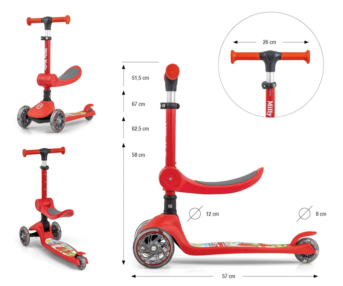 MILLY MALLY FUZZY háromkerekű roller üléssel és LED-es kerekekkel – Piros