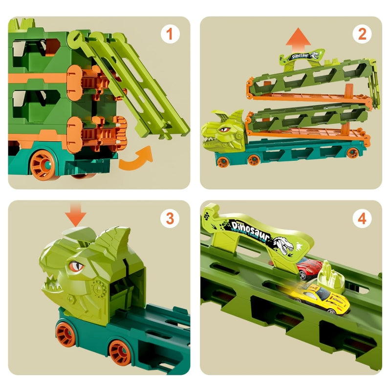 WOOPIE 4 az 1-ben T-Rex dinoszauruszos autószállító kamion és versenypálya 8 kisautóval – 2,1 m