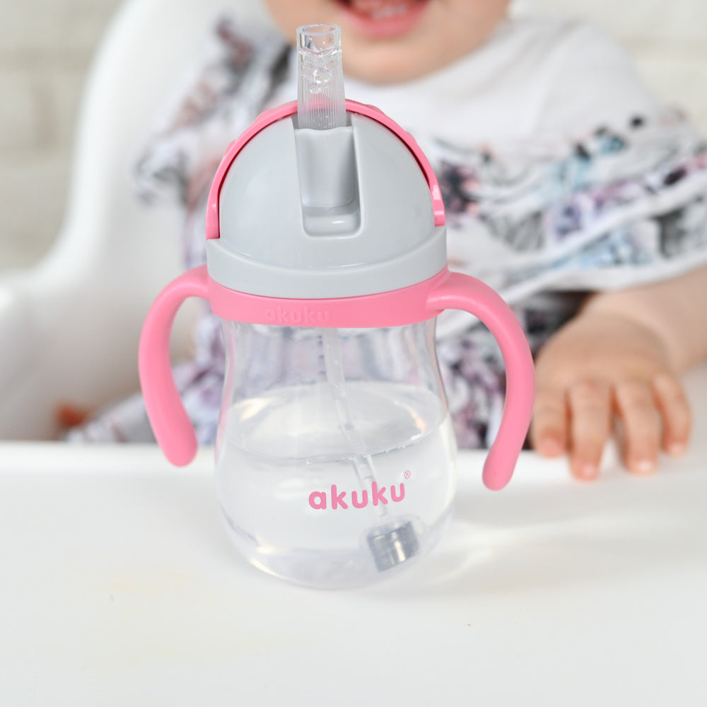 AKUKU súlyozott szívószálas tanulópohár – Rózsaszín, 280 ml