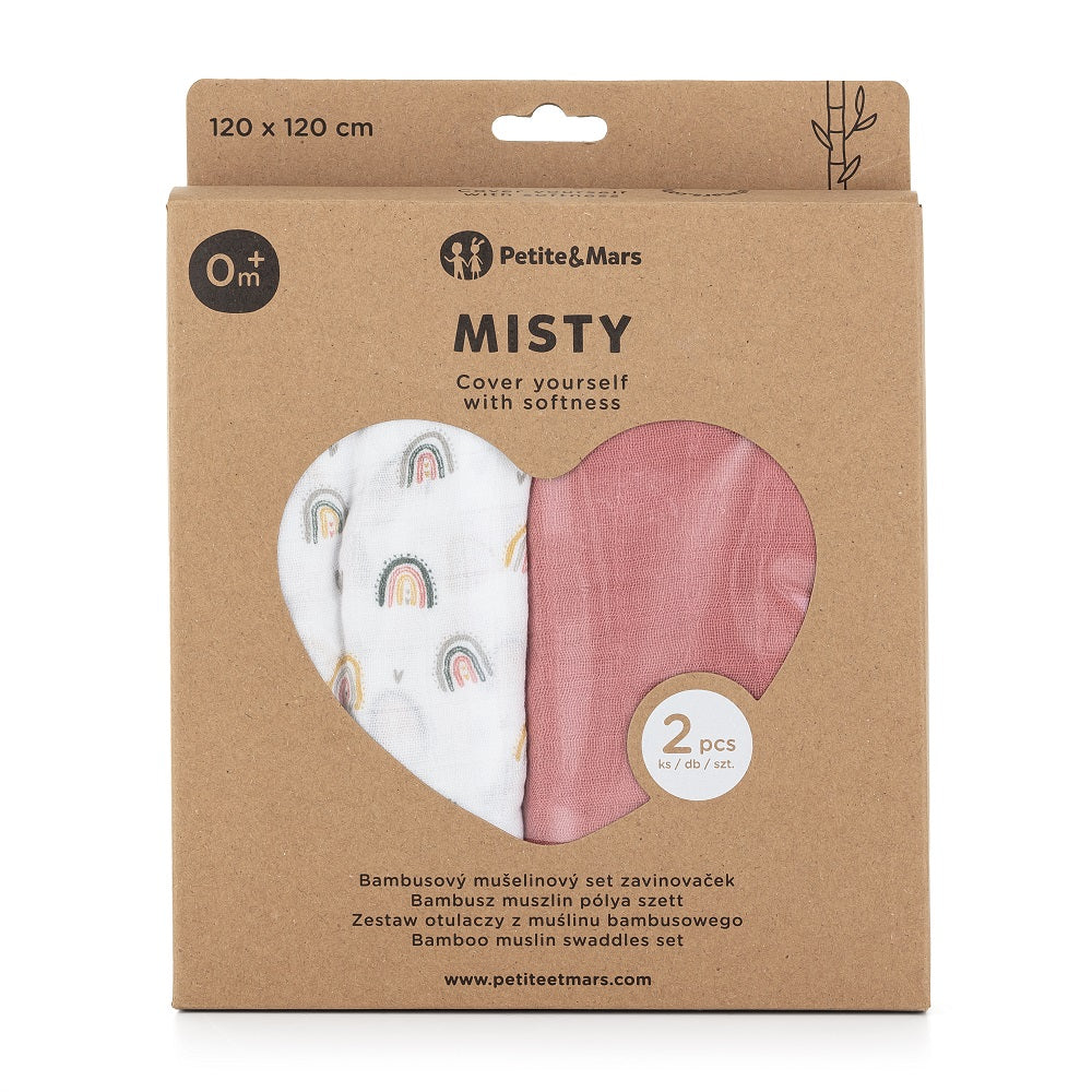 PETITE&MARS bambusz muszlin textilpelenka szett 2 db – Misty Rose Rainbows 120×120 cm