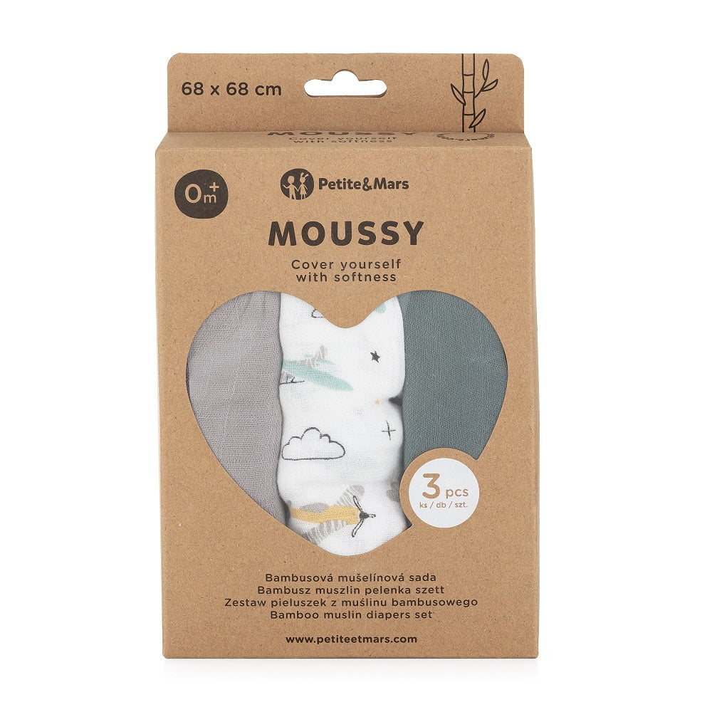 PETITE&MARS bambusz muszlin textilpelenka szett 3 db 68x68 cm – Grey Planes