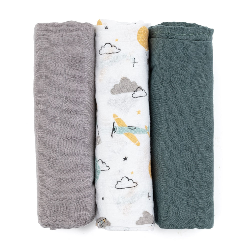PETITE&MARS bambusz muszlin textilpelenka szett 3 db 68x68 cm – Grey Planes
