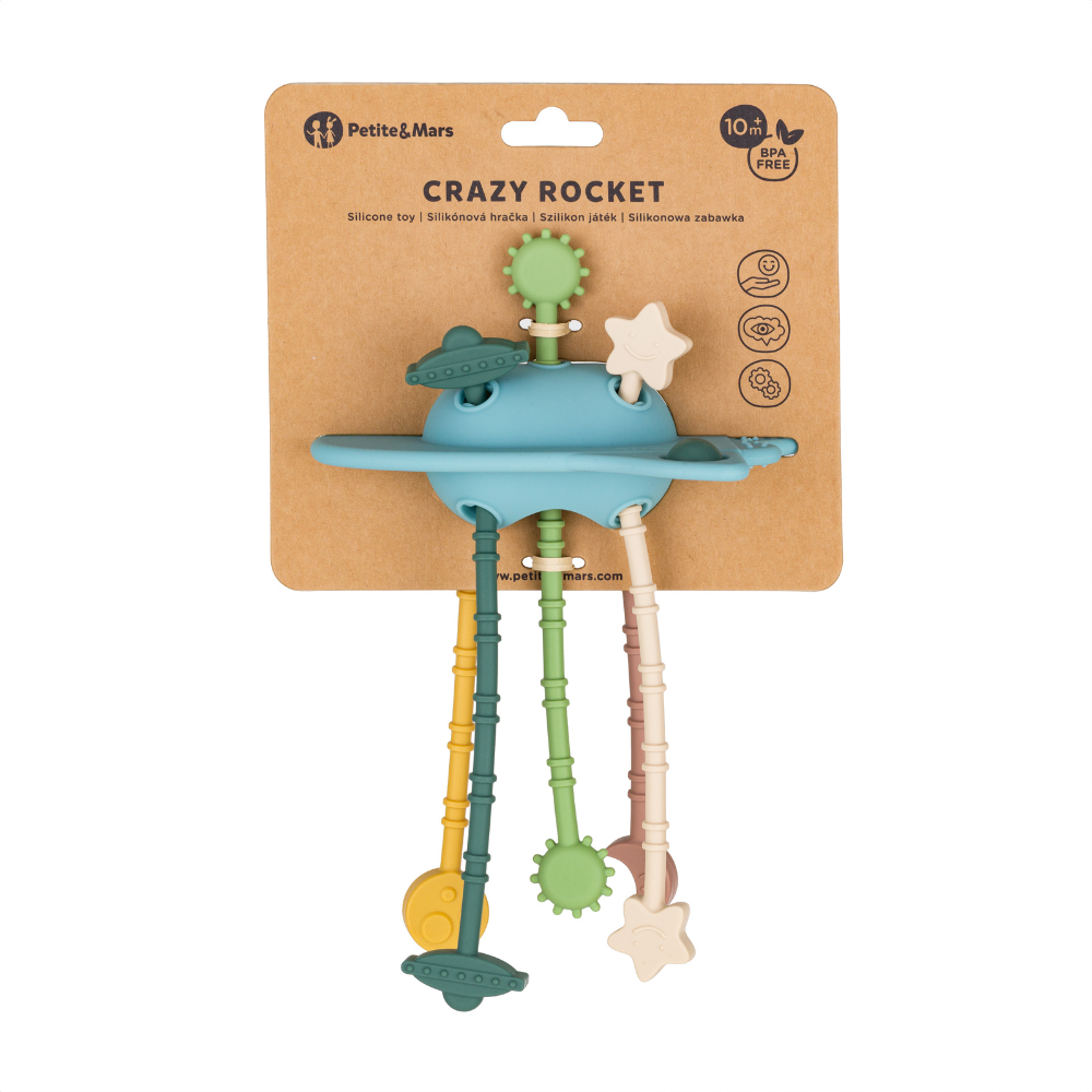 PETITE&MARS Crazy Rocket szilikon szenzoros játék és rágóka – Frosted – 10 hó+