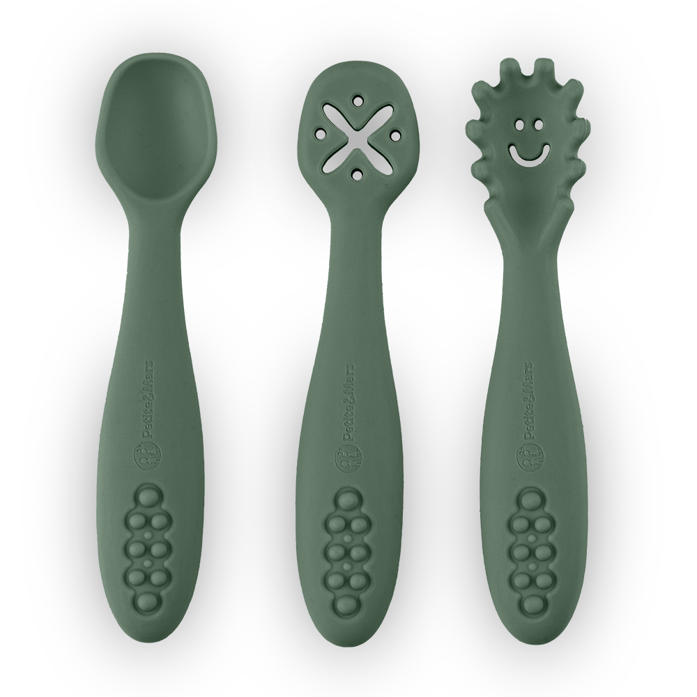 Petite&Mars TAKE&MATCH szilikon tanulókanál szett 3 db – Misty Green | 6 hónapos kortól