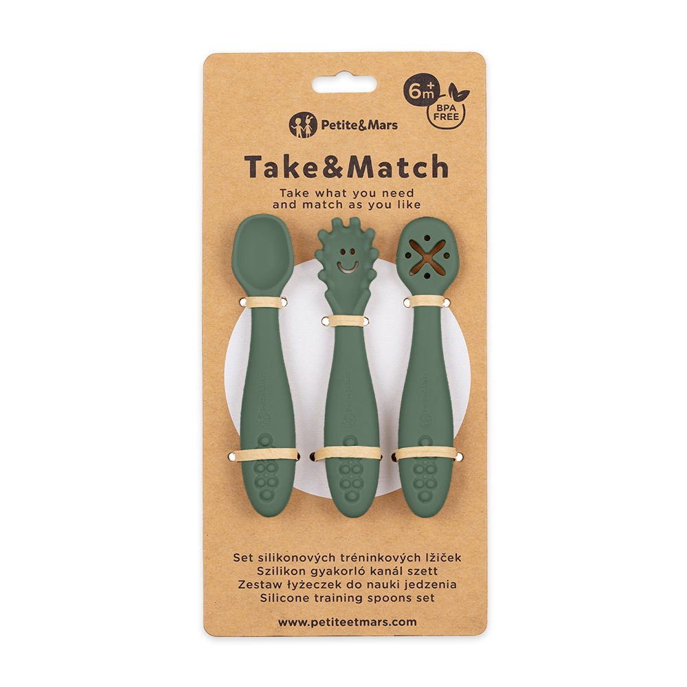 Petite&Mars TAKE&MATCH szilikon tanulókanál szett 3 db – Misty Green | 6 hónapos kortól