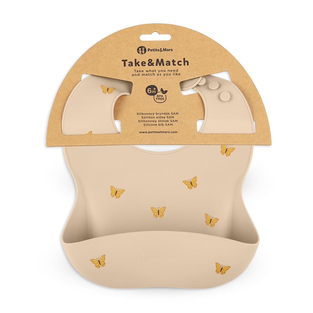 PETITE&MARS TAKE&MATCH szilikon előke zsebbel – Sand Butterflies – 6 hó+