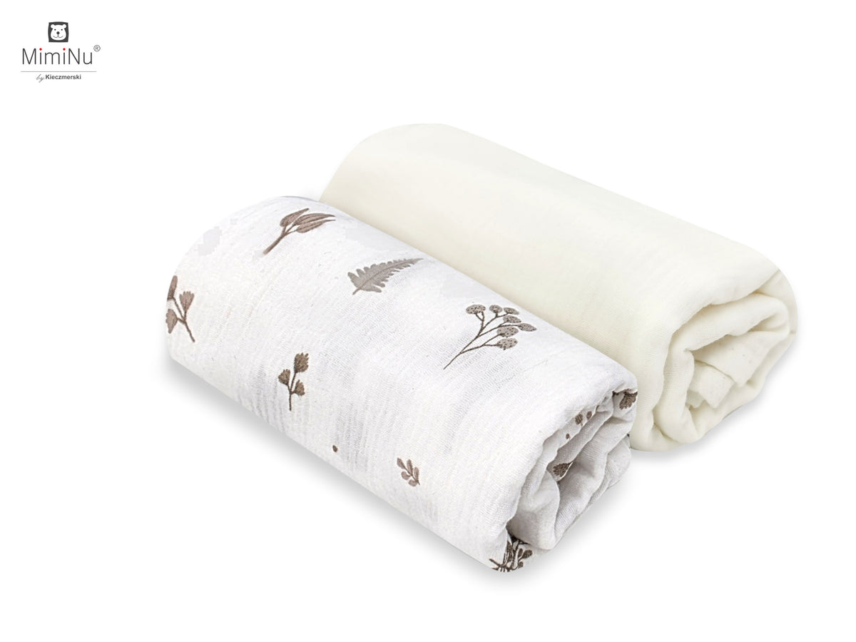 MIMINU pamutmuszlin textilpelenka szett, 2 db – Krémszínű és levélmintás, 75×75 cm
