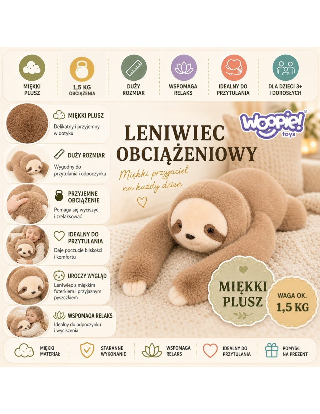 WOOPIE stresszoldó súlyozott plüss lajhár – 65 cm, 1,5 kg