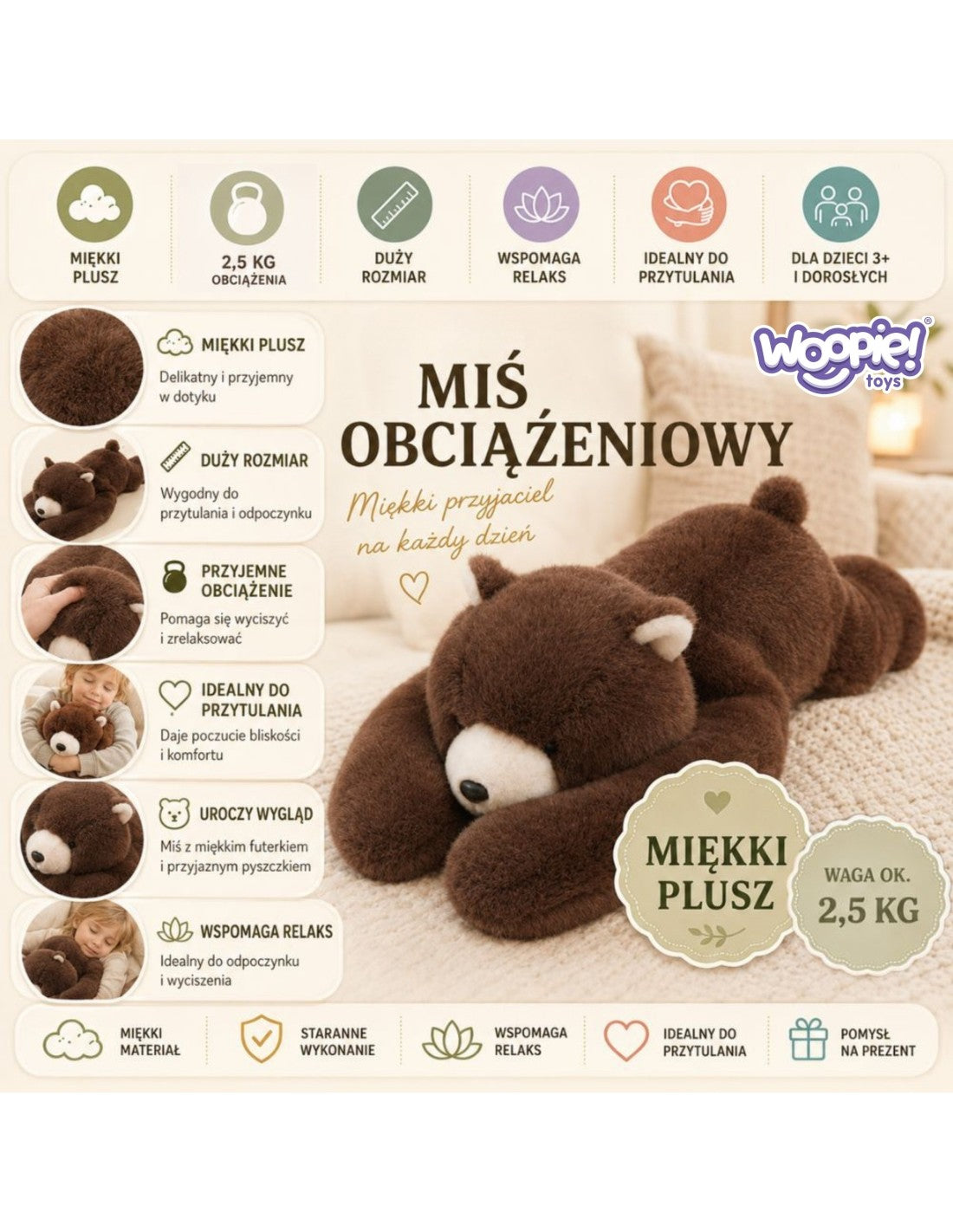 WOOPIE stresszoldó súlyozott plüss mackó – 65 cm, 2,5 kg