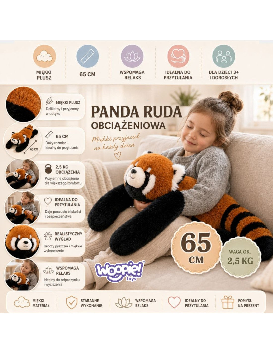 WOOPIE stresszoldó súlyozott plüss vörös panda – 65 cm, 2,5 kg