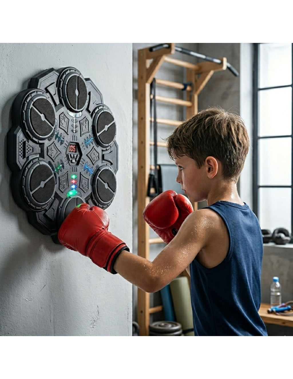 WOOPIE Zenélő interaktív boxfal Bluetooth-kapcsolattal, LED-világítással és bokszkesztyűkkel