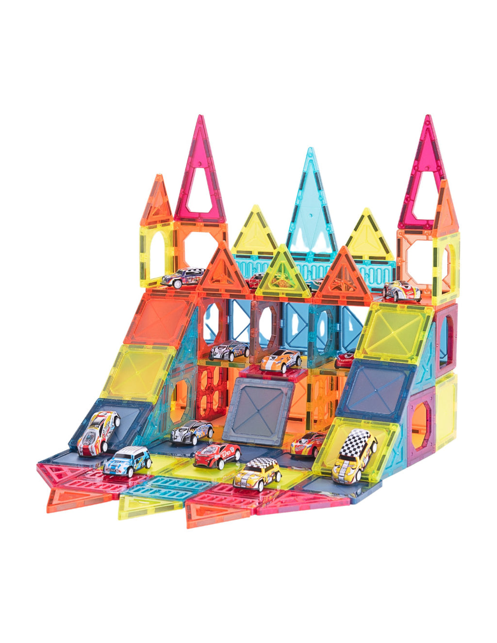 WOOPIE 3D mágneses parkolóház-építő készlet 20 fém kisautóval, 7,5 cm-es építőelemekkel – 112 részes