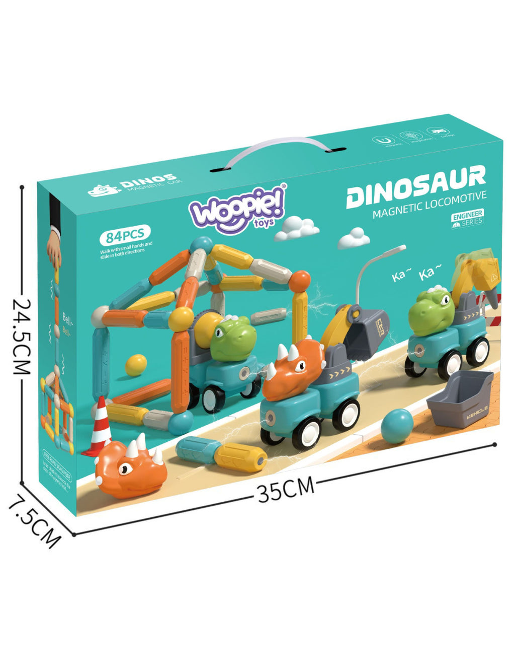 WOOPIE Dinoszauruszos mágneses építőjáték munkagépekkel – 84 darabos készlet
