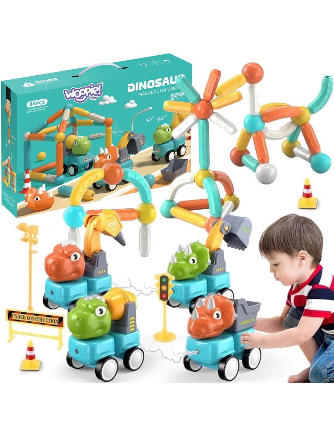 WOOPIE Dinoszauruszos mágneses építőjáték munkagépekkel – 84 darabos készlet