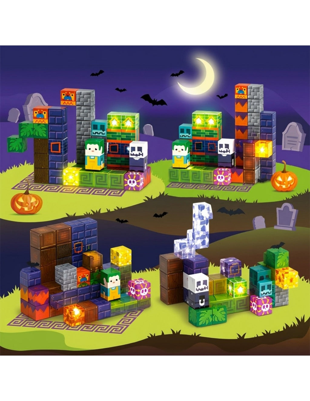 WOOPIE Halloween mágneses építőkocka készlet világító LED-elemekkel – 63 db