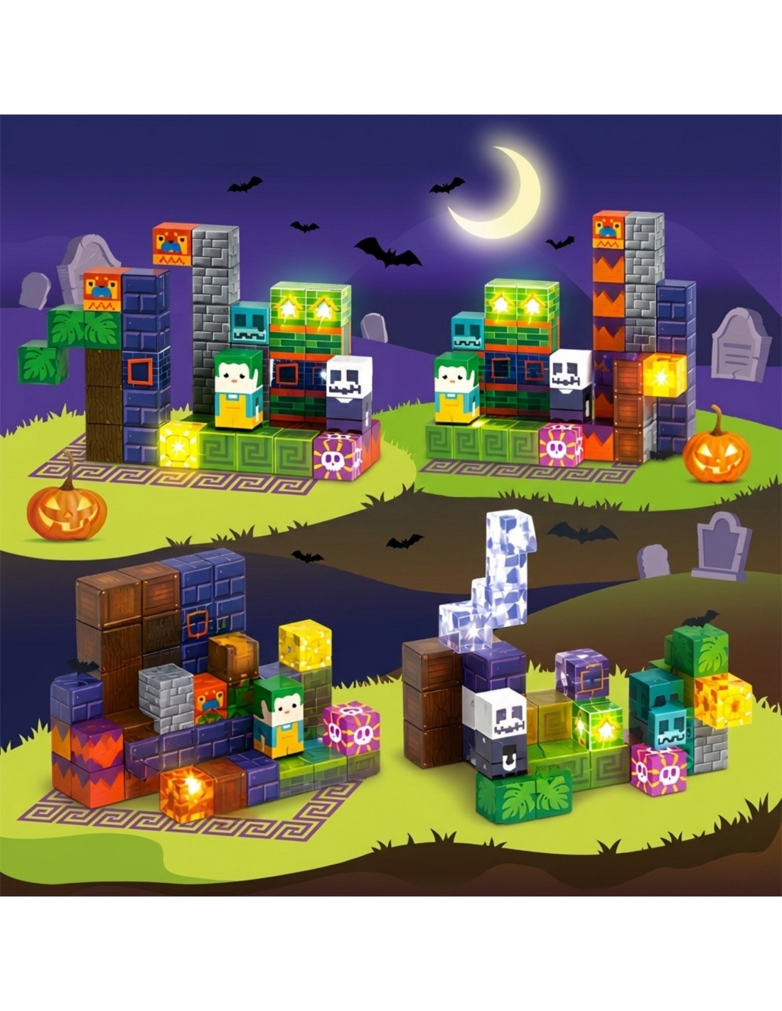 WOOPIE Halloween mágneses építőkocka készlet világító LED-elemekkel – 63 db