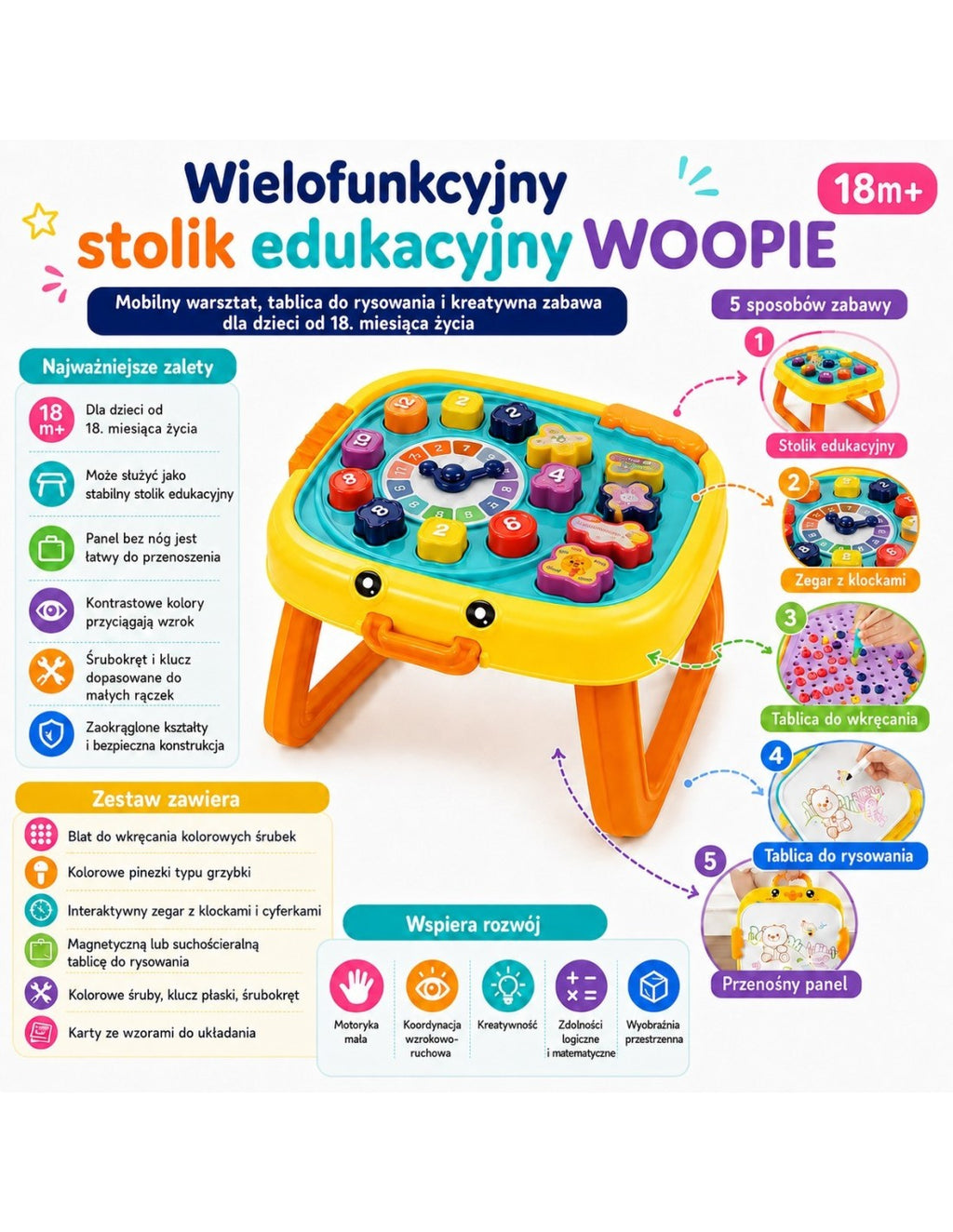 WOOPIE 3 az 1-ben készségfejlesztő játékasztal szerelőműhellyel, rajztáblával és logikai játékokkal