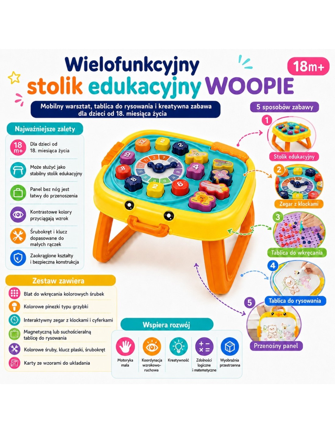 WOOPIE 3 az 1-ben készségfejlesztő játékasztal szerelőműhellyel, rajztáblával és logikai játékokkal