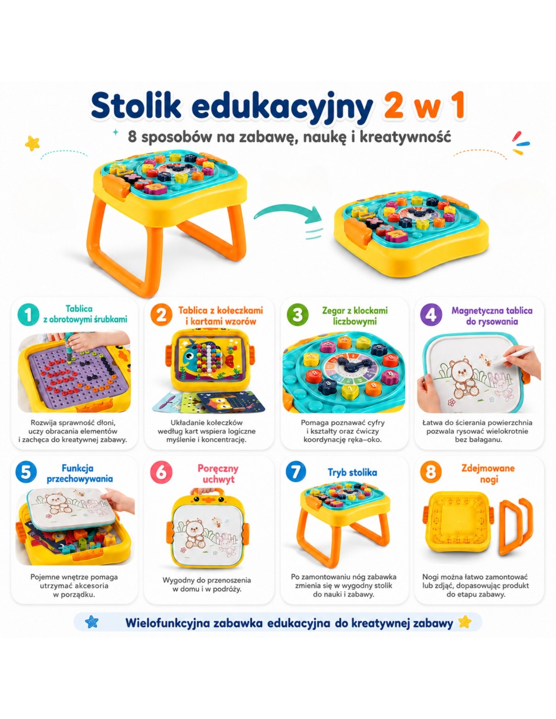 WOOPIE 3 az 1-ben készségfejlesztő játékasztal szerelőműhellyel, rajztáblával és logikai játékokkal