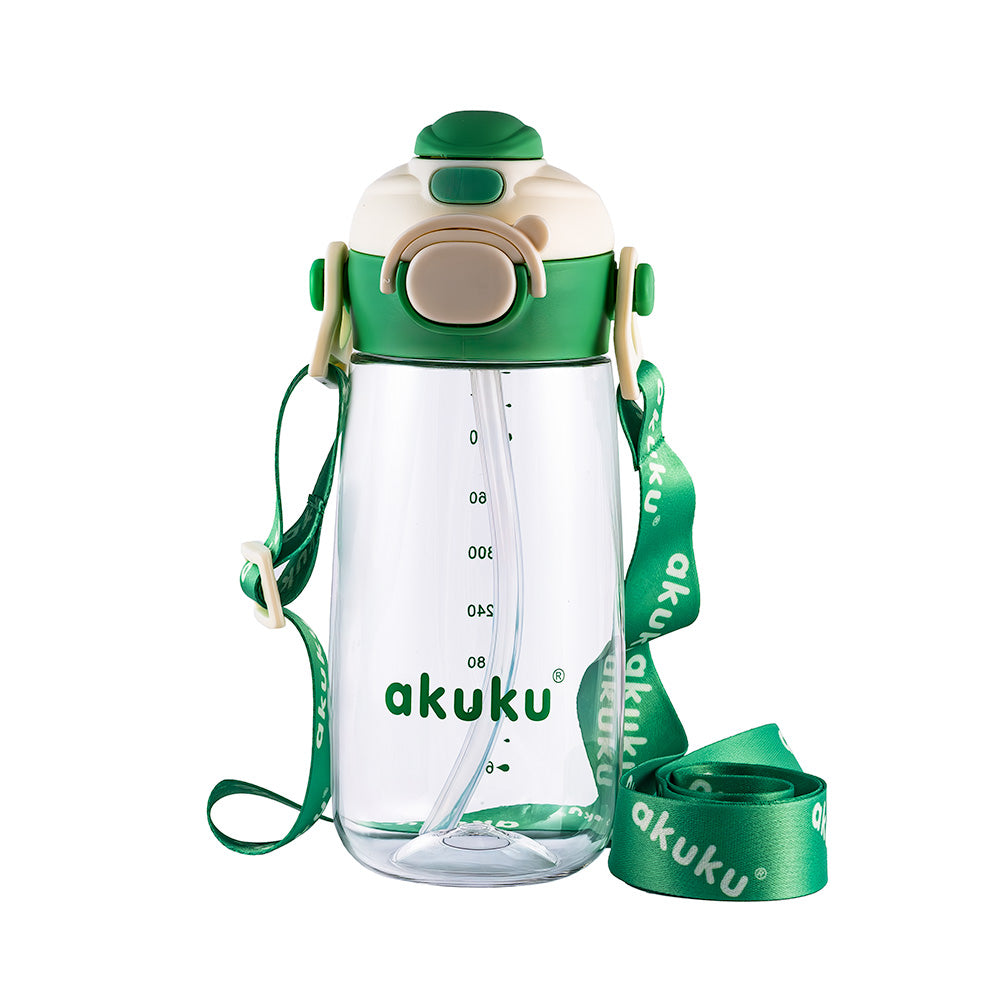 Akuku szívószálas iskolai kulacs hordozópánttal 480 ml – Zöld