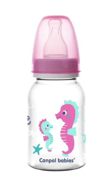 Canpol babies keskeny nyakú cumisüveg 120ml LOVE&SEA rózsaszín