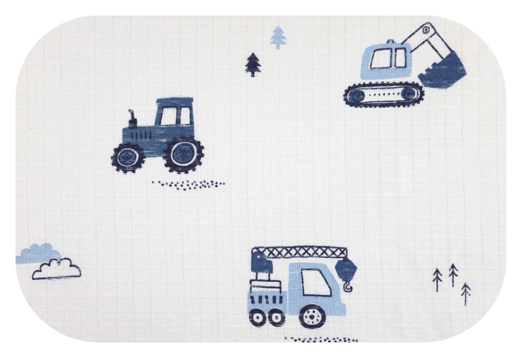 EGA KIDS mintás textilpelenka-traktor és markoló kék- 70x80 cm