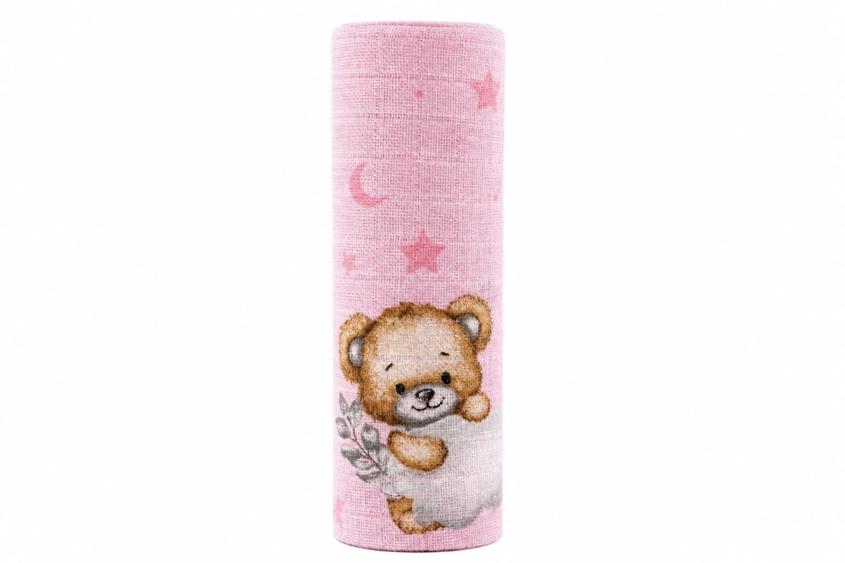 EGA KIDS mintás textilpelenka-mackó és csillag rózsaszín alapon- 70x80 cm