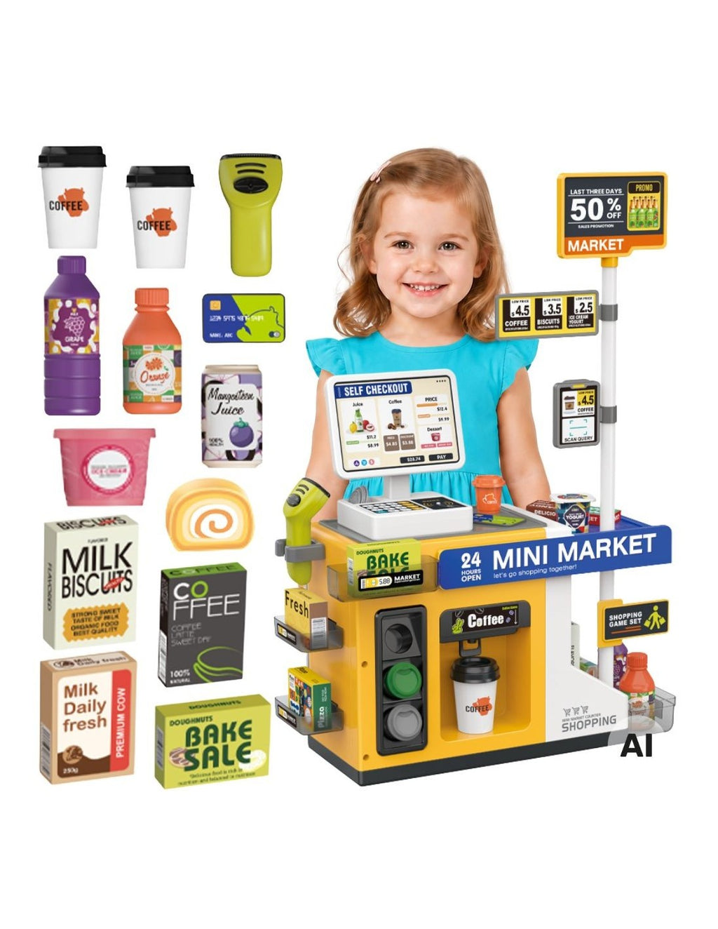 WOOPIE Mini Market interaktív játék szupermarket önkiszolgáló pénztárral és vonalkódolvasóval – Sárga