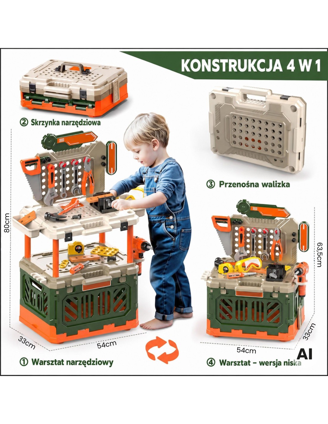WOOPIE 90 részes 4 az 1-ben játék barkácsműhely elektromos fúrógéppel, átalakítható munkapaddal és szerszámokkal