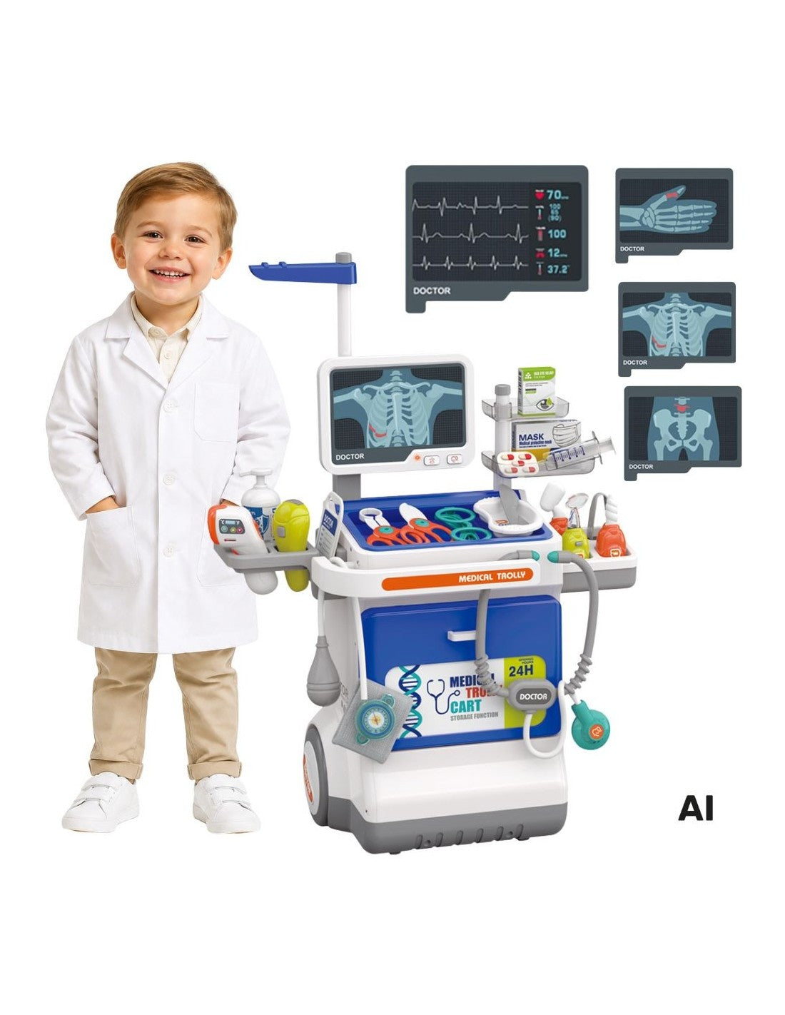 WOOPIE Interaktív zenélő orvosi játékkészlet gurulós orvosi kocsival, röntgenképekkel és magasságmérővel – Fehér