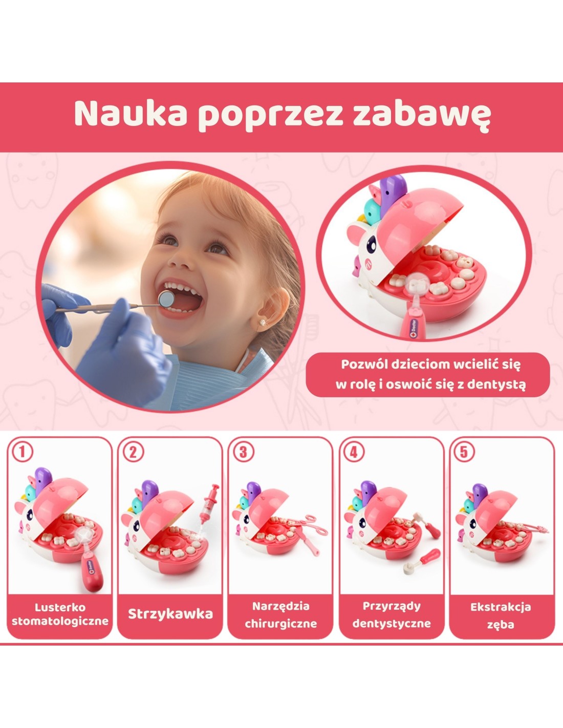 WOOPIE Unikornisos fogorvosos játékszett világító és hangot adó eszközökkel – Rózsaszín