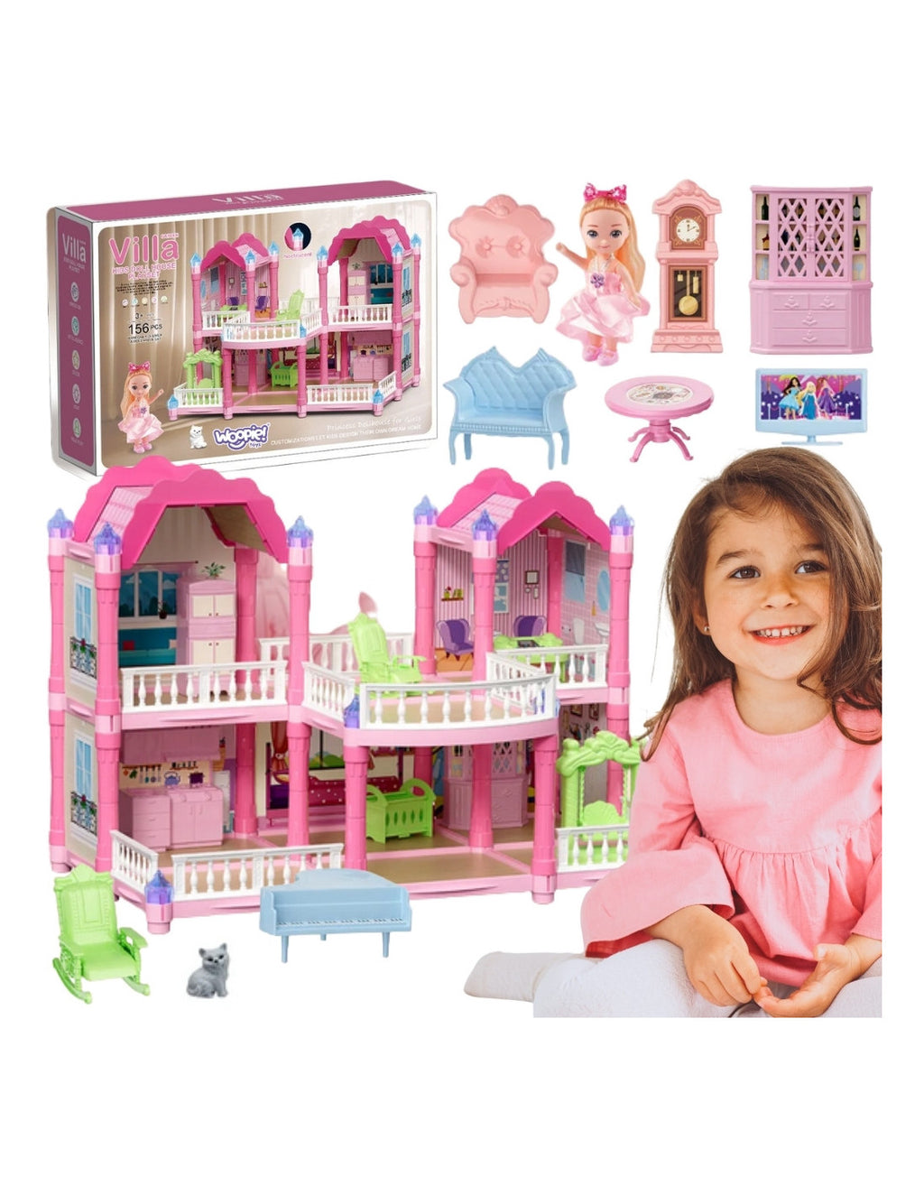 WOOPIE Princess Castle Villa kétszintes hercegnős babaház világító tornyokkal, bútorokkal és babával – 156 részes