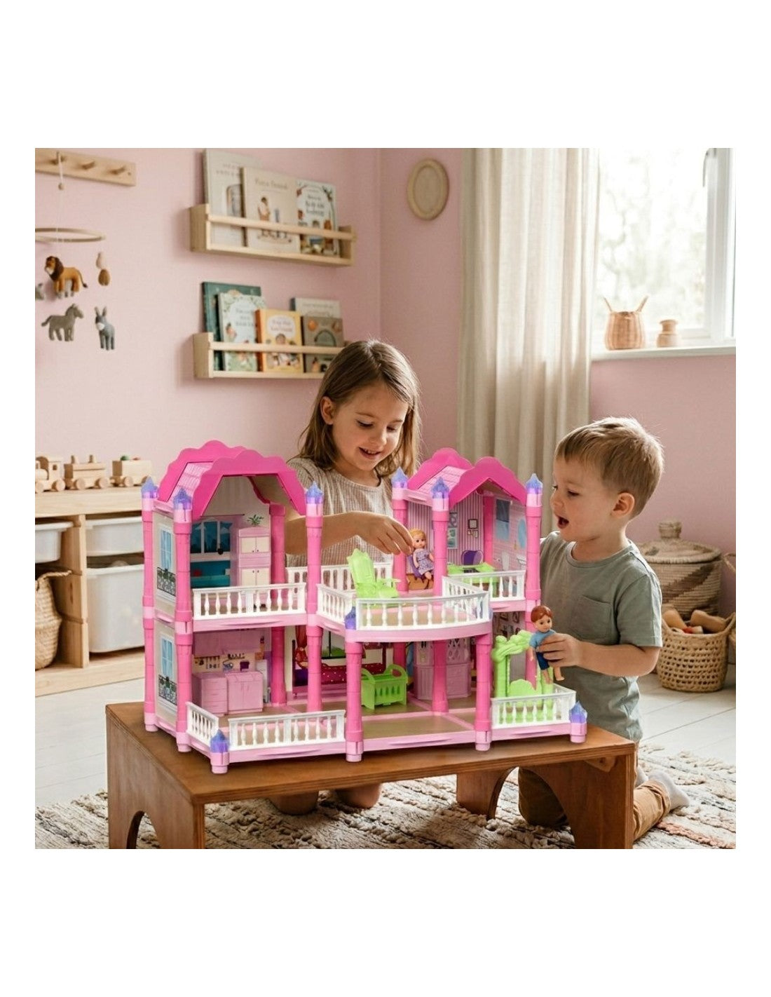 WOOPIE Princess Castle Villa kétszintes hercegnős babaház világító tornyokkal, bútorokkal és babával – 156 részes