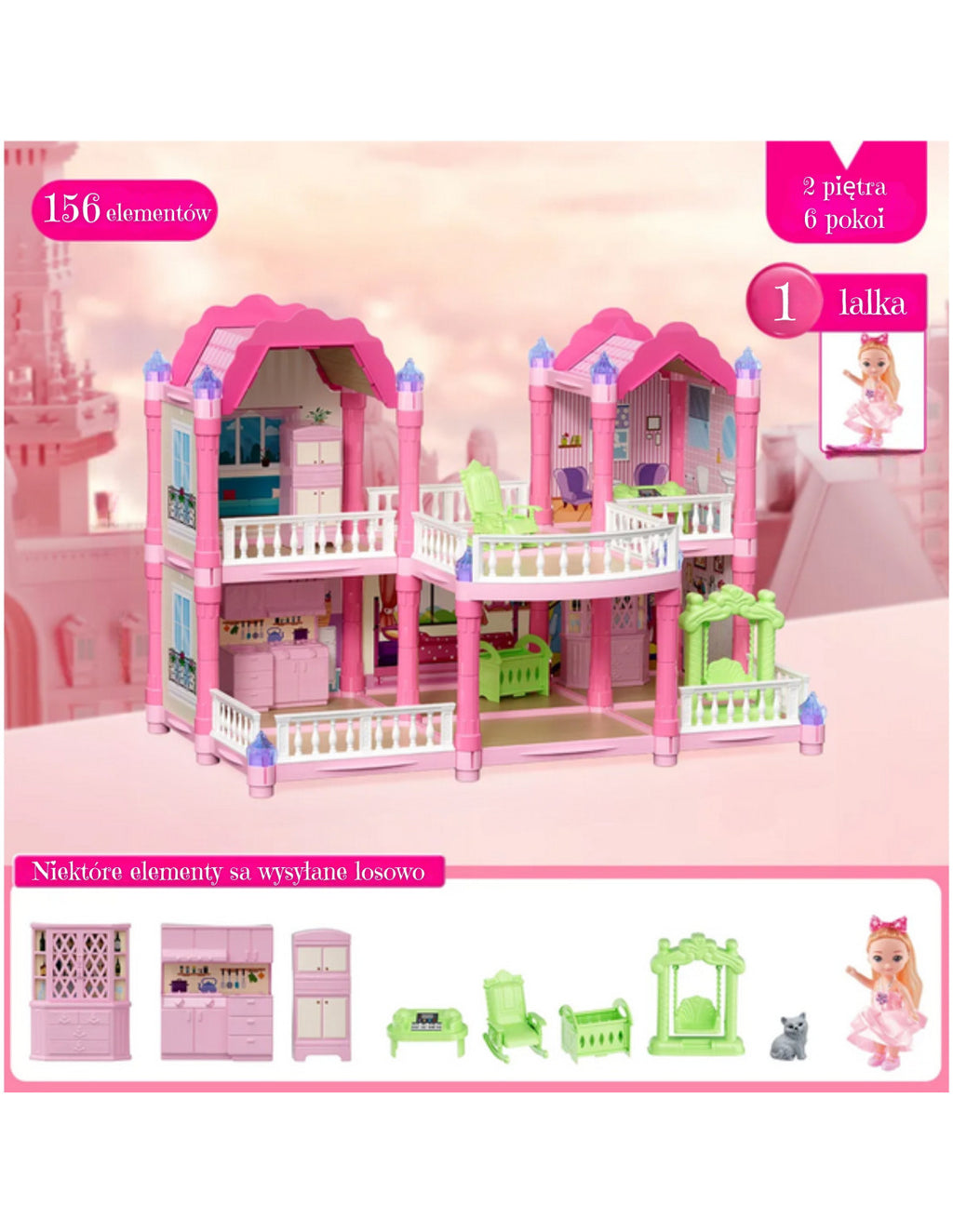 WOOPIE Princess Castle Villa kétszintes hercegnős babaház világító tornyokkal, bútorokkal és babával – 156 részes