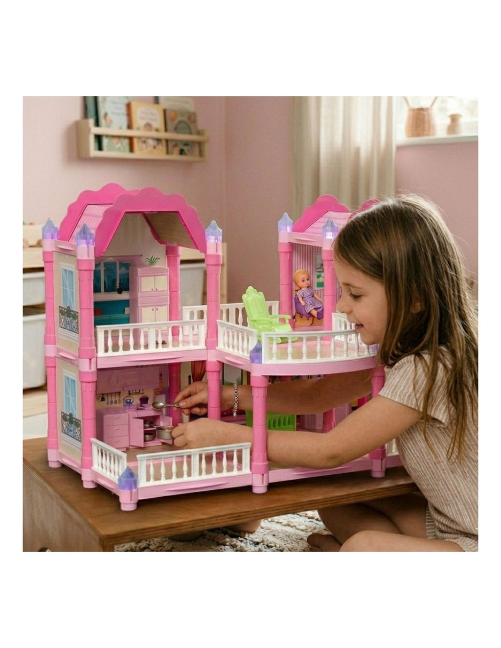WOOPIE Princess Castle Villa kétszintes hercegnős babaház világító tornyokkal, bútorokkal és babával – 156 részes