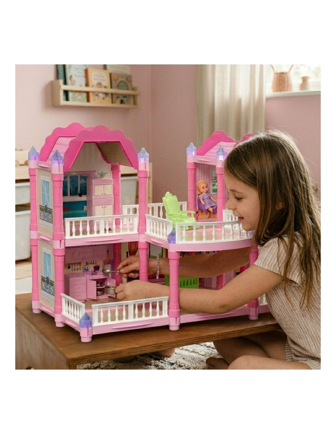WOOPIE Princess Castle Villa kétszintes hercegnős babaház világító tornyokkal, bútorokkal és babával – 156 részes